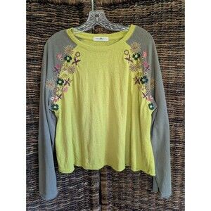 Natural Life Women's Embroidered Top Large Green Boho Hipster Baseball Tee Shirt